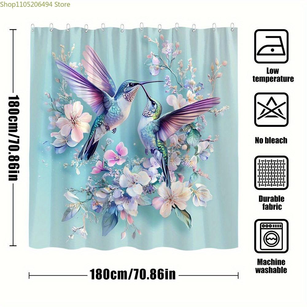 1pc Dancing Hummingbirds Bath Curtain Soft Teal Background with Iridescent Birds Pink White Floral Arrangement Romantic Decor