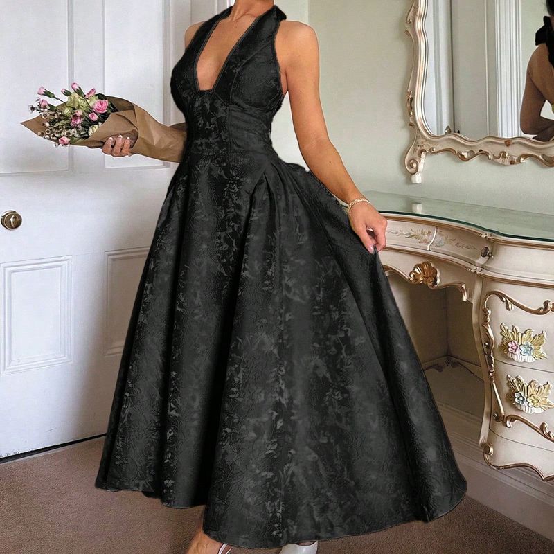 Cross-Border New Style European and American Retro Three-Dimensional Embossed Pattern V-Neck Sleeveless Large Hem Women's Dress