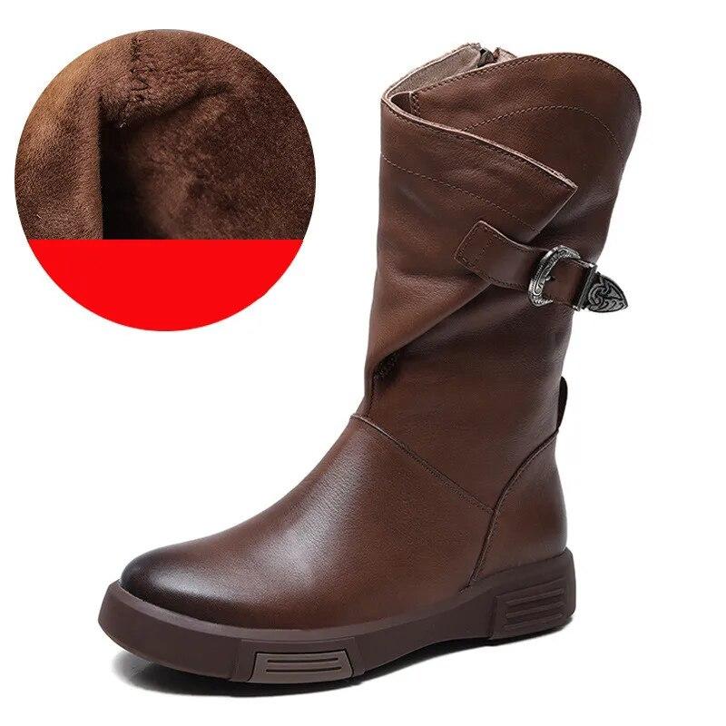 Johnature Genuine Leather Flat Mid-calf Boots For Women's Vintage Solid Color Side Zippered Boots