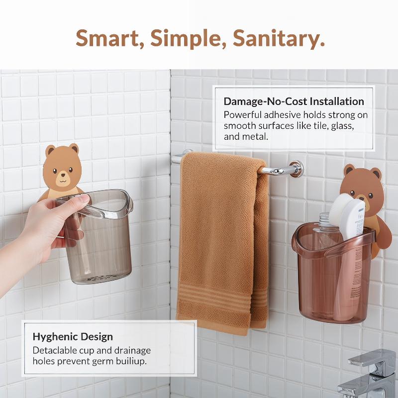 Bear Hug Toothbrush Holder Non Punching Bathroom Cup Toothpaste Wall Rack Space Saving Organizer
