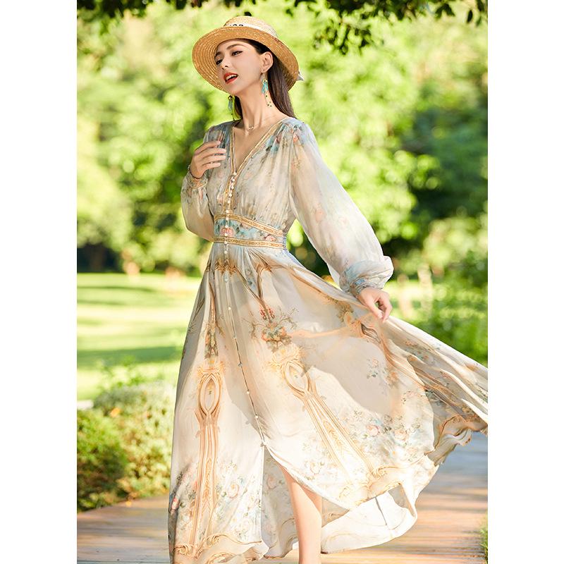 Elegant Spring 2025 Women's Slimming Bubble Sleeve Mulberry Silk Dress