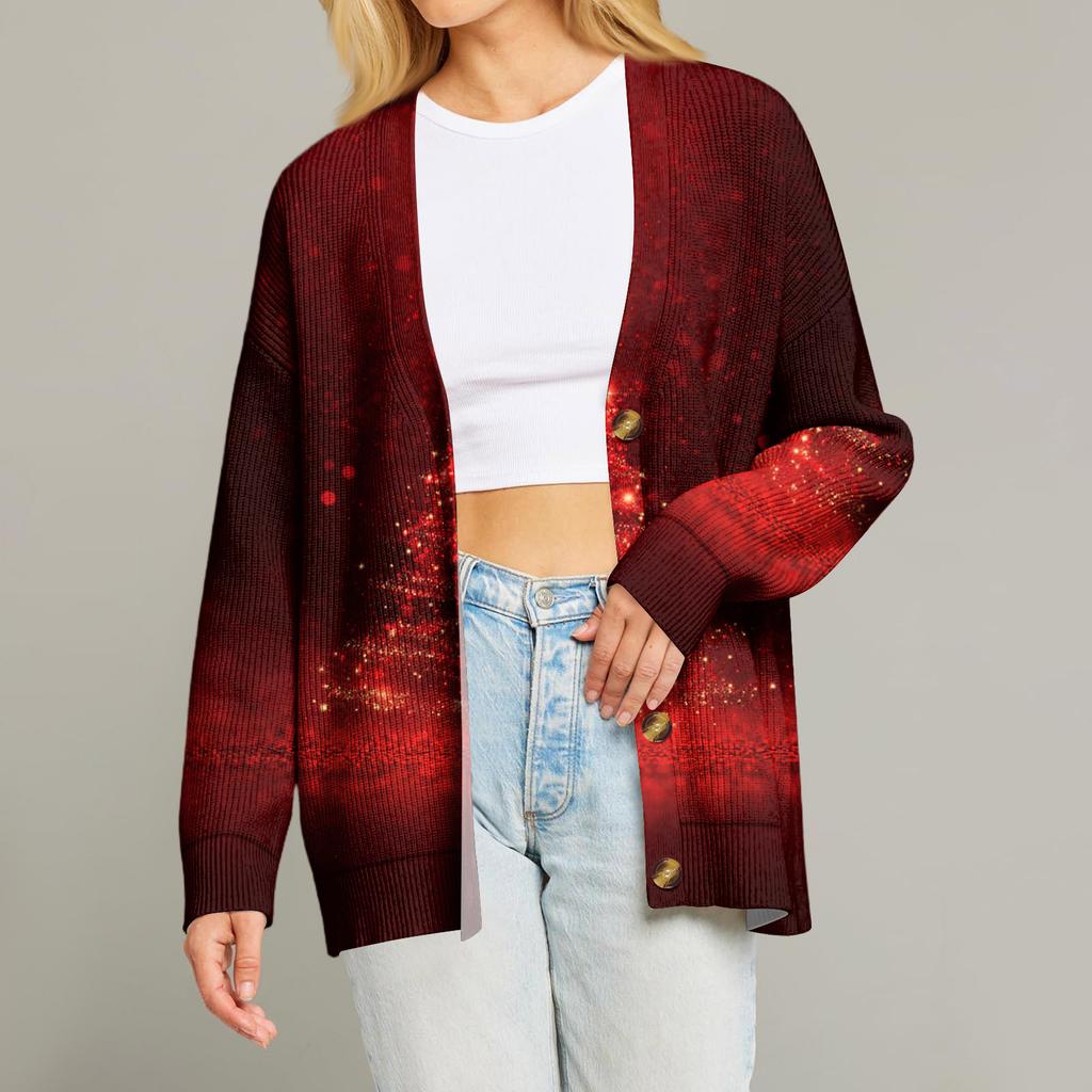 Women's Fashion Long Sleeve Print V-Neck Button Loose Cardigan Top