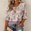 Women's Vintage Floral Print Blouse with Tie Neck and Ruffle Three-Quarter Sleeves