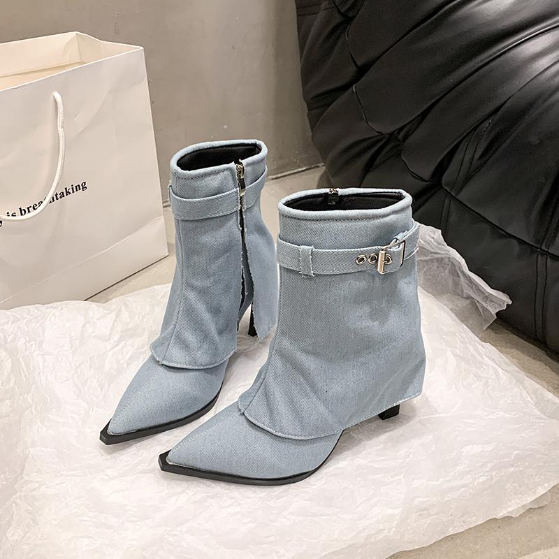 Winter New Thin Heel Cotton Boots Women's Pointed Side Zipper Belt Buckle Anti-slip Wear-resistant Short Boots