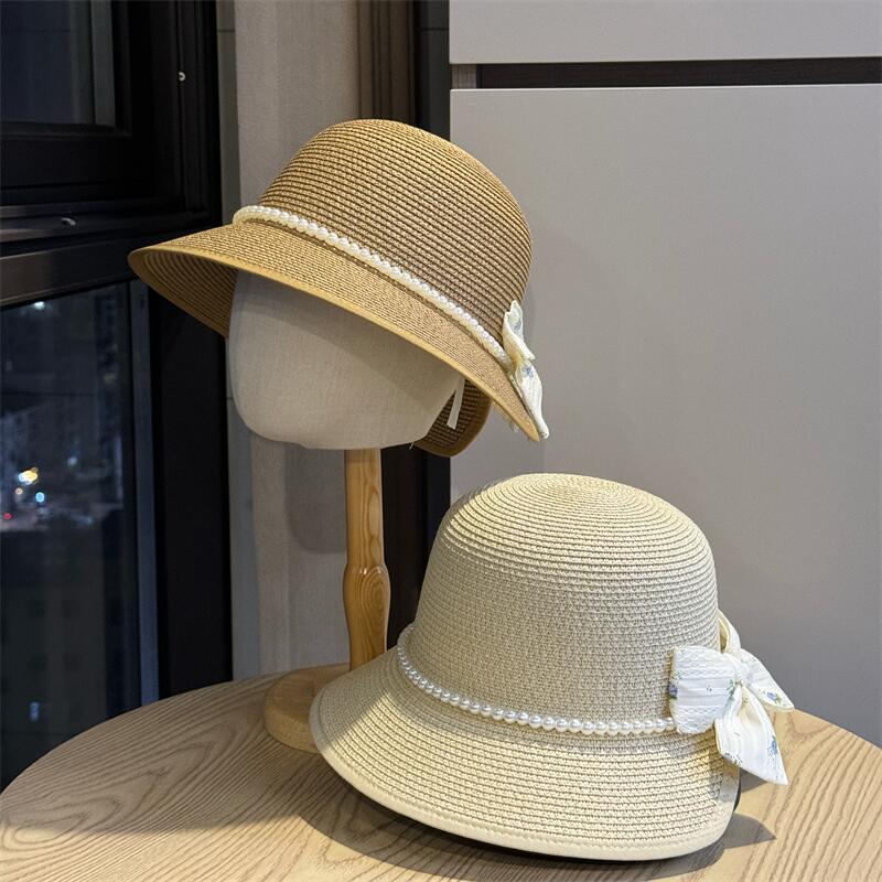 Retro French Elegant Pearl Dome Straw Hat Women's Summer Travel Fashion Versatile Basin Hat Big Brim Sun Protection Bucket Hat
