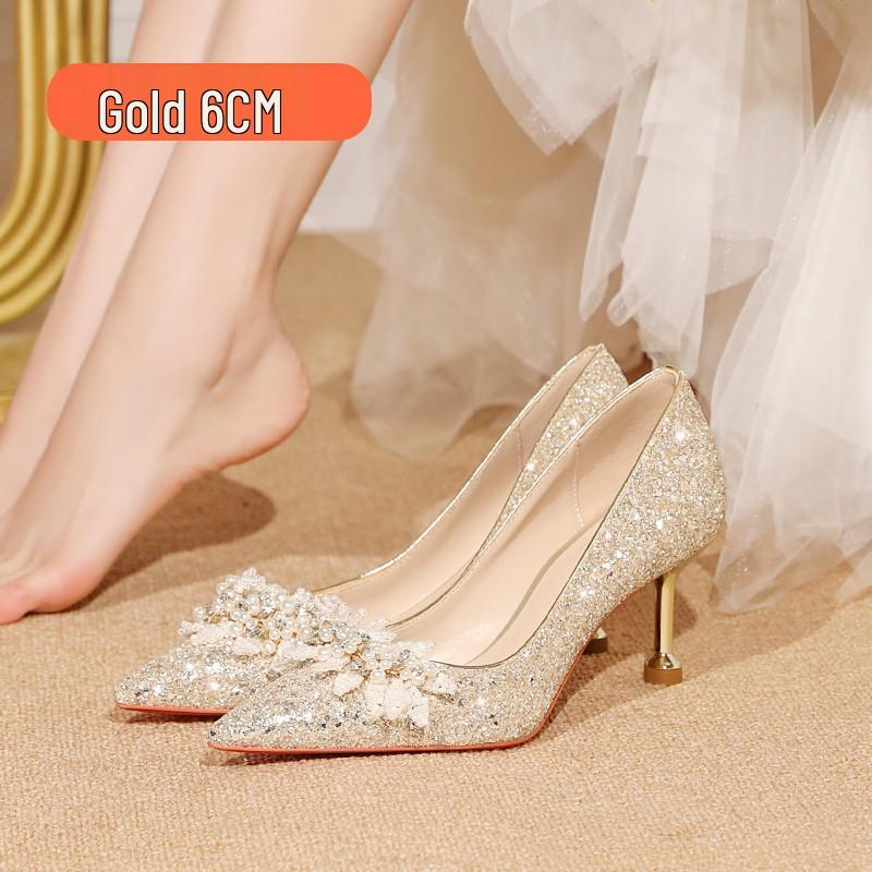 Brudens & Brudtärnornas 2025 Spetsiga Bröllopsskor - Franska Kristallhögklackade för Bröllop & Vardagsbruk