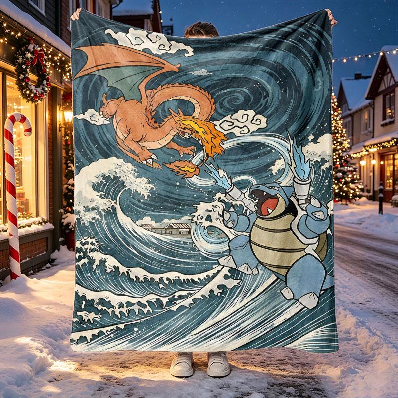 Charizard VS Blastoise Pattern Blanket for Home Decoration, Bed, Sofa, Car Travel, Camping, Suitable for All Seasons, Birthday Christmas Gift