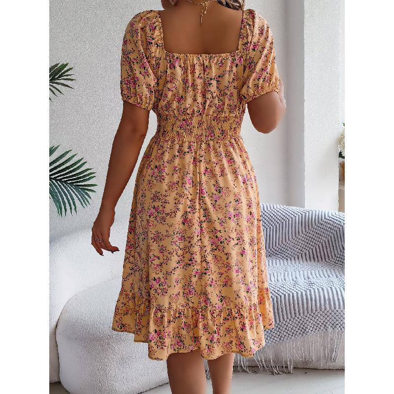 2026 Spring/Summer New Floral Print Square Neck Short Sleeve Waist-Cinching Ruffle Hem Women's A-Line Dress