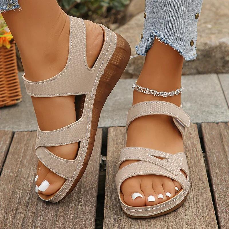Fashion Hook Loop Platform Sandals Women Summer Fahsion Cross Strap Wedge Sandals Woman 2025 Light Med Heels Non-Slip Beach Sandalias