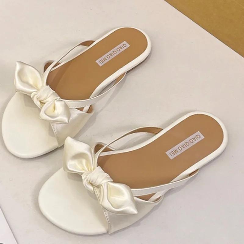 Fashion Fashion Flat Bow Slippers Summer New Round Toe Open Toe Thin Strap Soft Sole Non-slip Wear-resistant Flip-flops