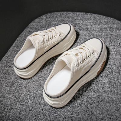 Thick Bottom Toe Cap Half Slippers Outdoor Wear New Summer Slip-on Heel-Free Lazy Canvas Shoes Women