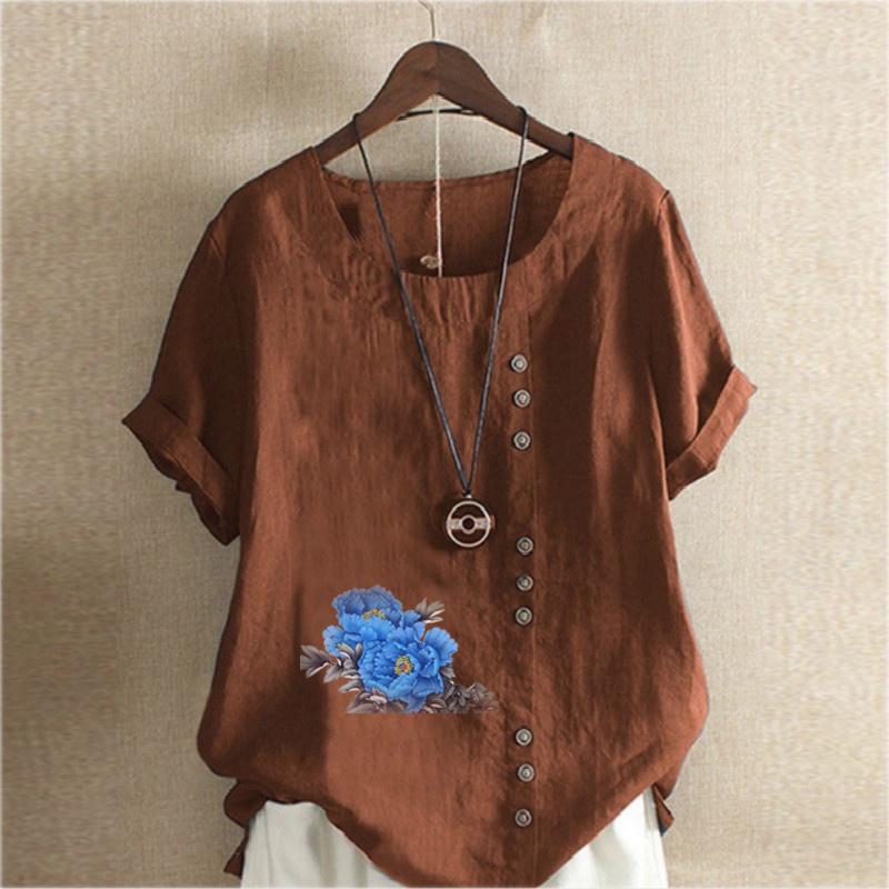 Women's Fashion Round Neck Short Sleeve T-shirt Casual Cotton Linen Graphic Shirt Leisure Loose Blue Flower Prined Summer Blouse Tops