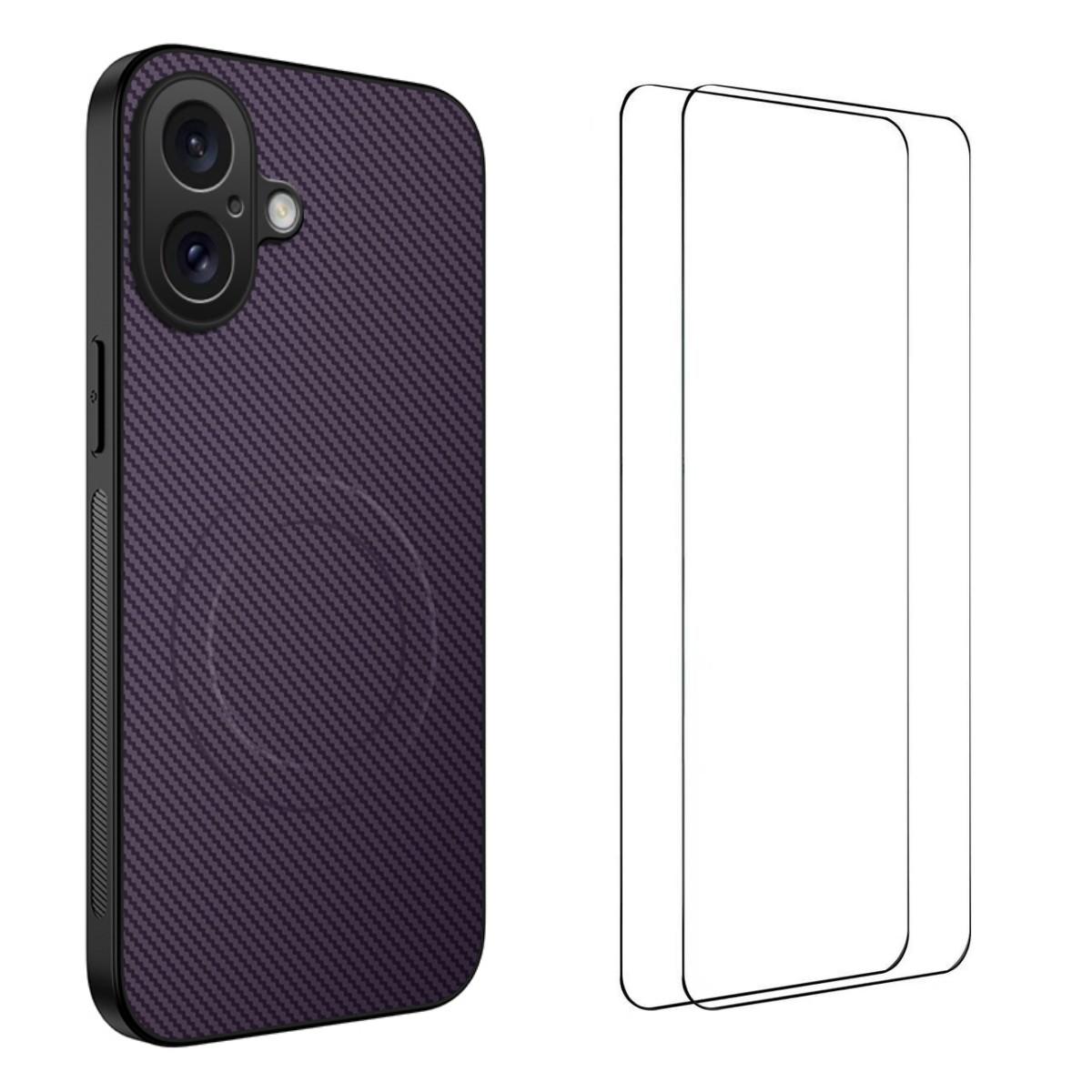 

For iPhone 16 Magnetic Case WANLONFENG TQ1 Series Carbon Fiber Texture PC TPU Phone Cover with 2Pcs Screen Films Purple