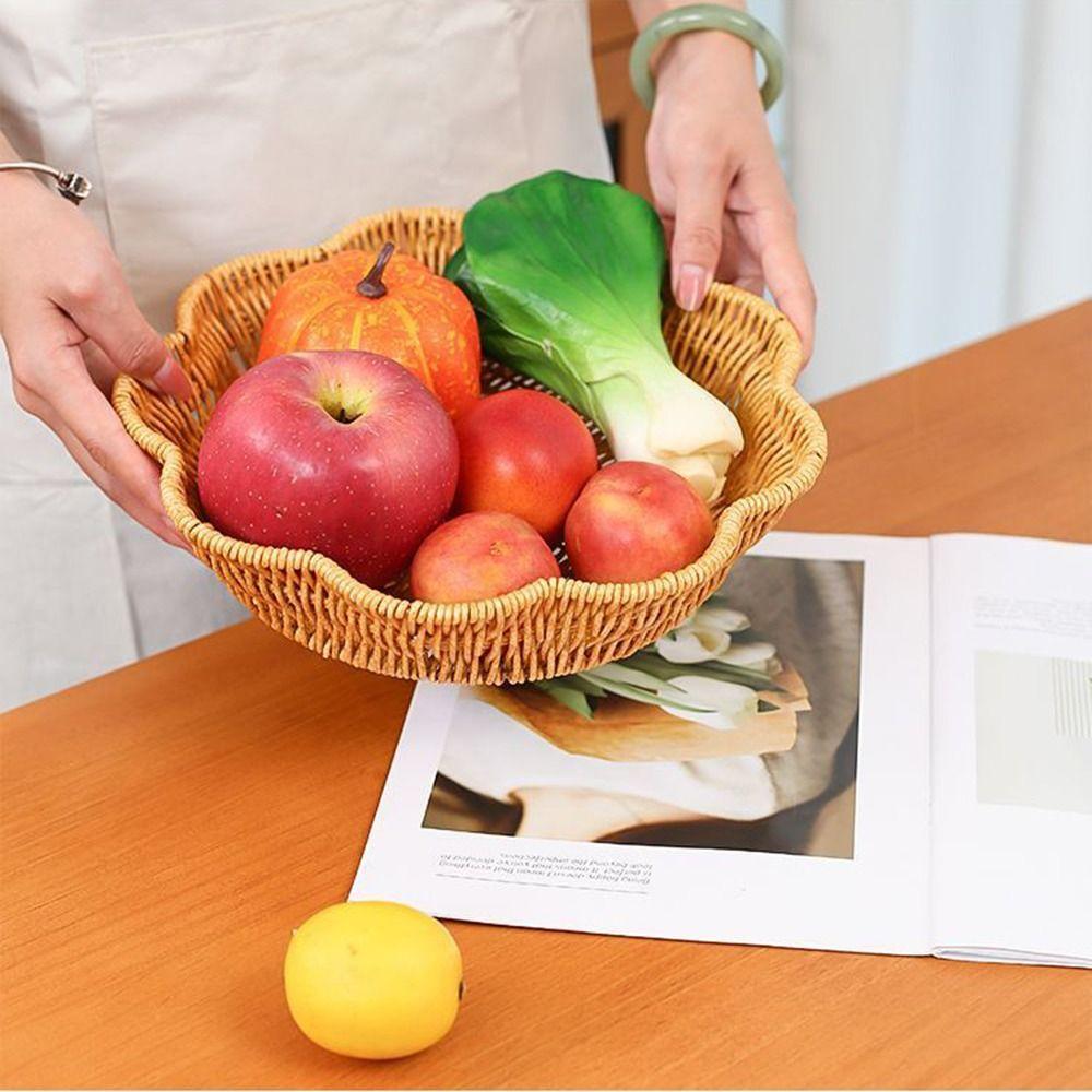 Round Base Imitation Rattan Basket Flower Shape Woven Bread Plate Fruit Serving Tray Living Room