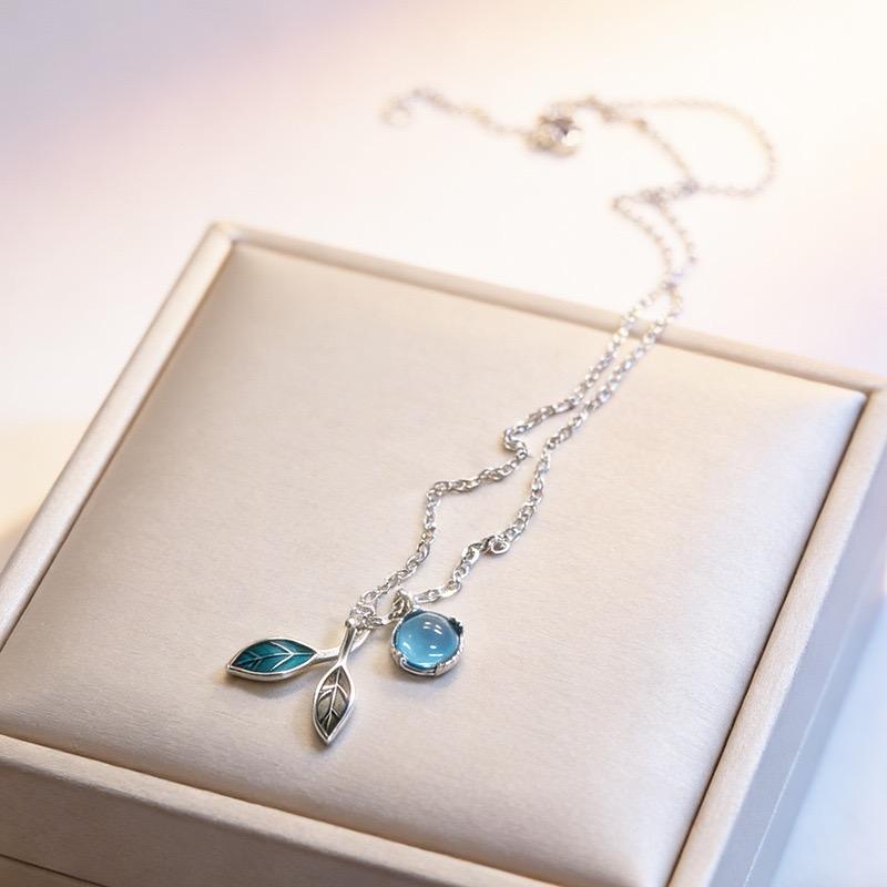 S925 Sterling Silver Necklaces For Women Simple Minimalist Pendant Necklaces Blue Leaf Moon Stone Chain Necklace Birthday Gift