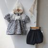 Korean Kids' Floral Two-Piece Summer Set: Girls' Short Sleeve Doll Shirt and Shorts