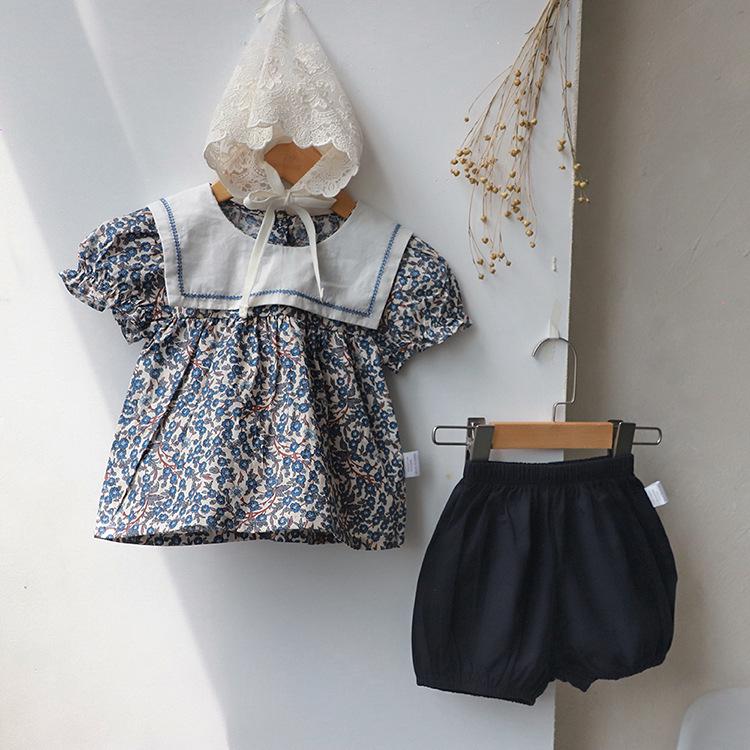Korean Kids' Floral Two-Piece Summer Set: Girls' Short Sleeve Doll Shirt and Shorts