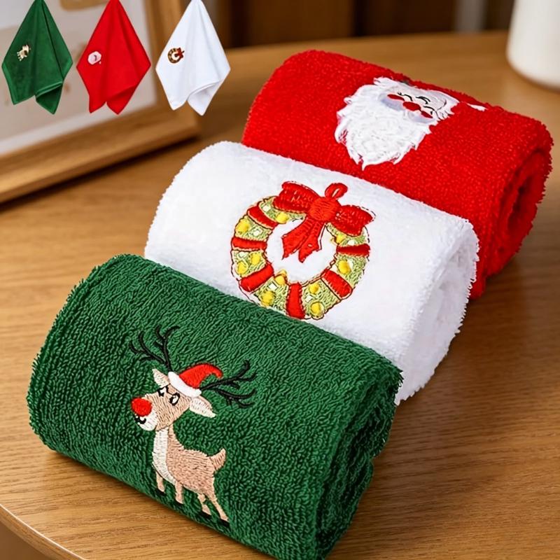 3/4pcs Christmas Embroidered Hand Towels Santa Claus Reindeer Wreath Soft Absorbent Cotton Towels Decorative Holiday Towels