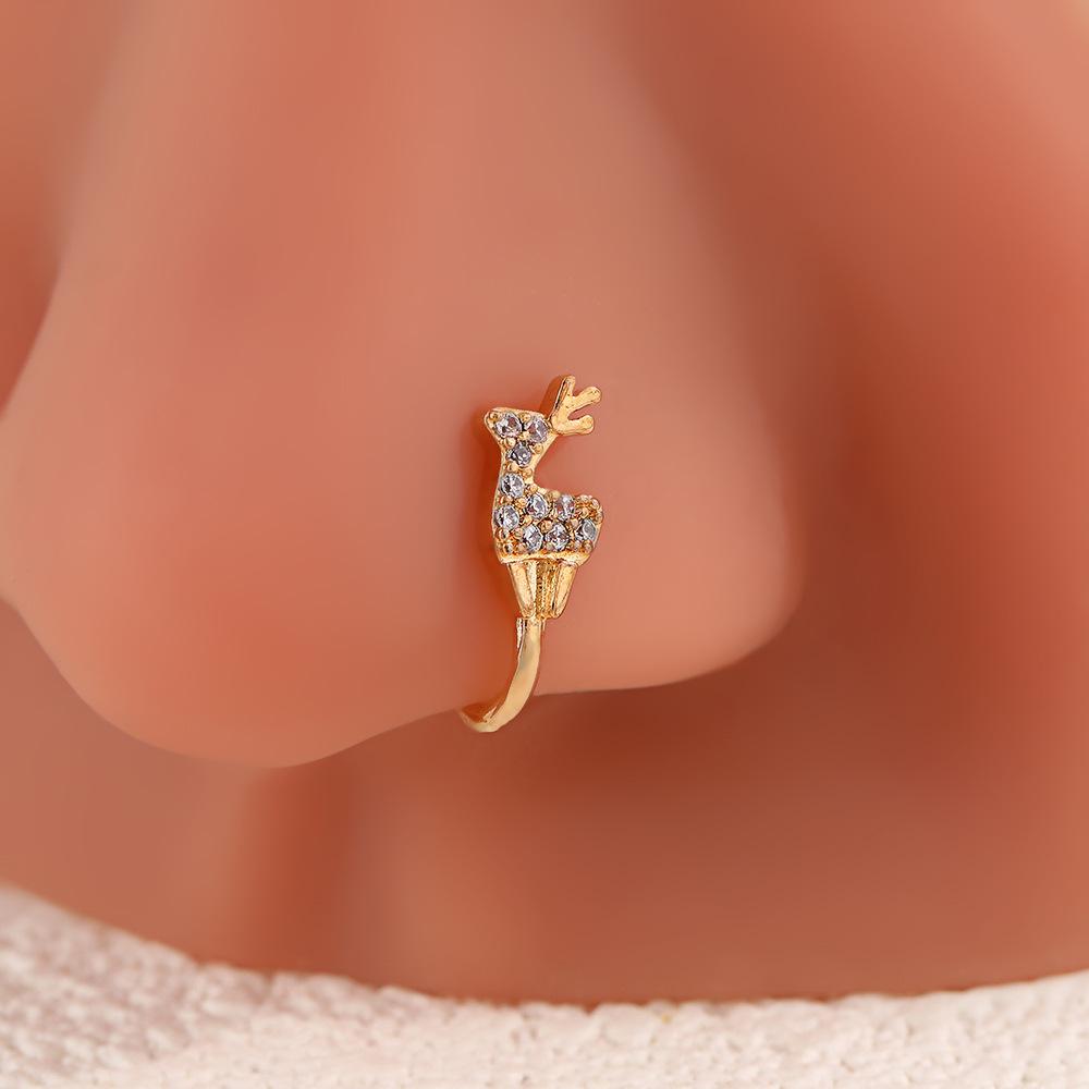 Diamond-Encrusted Christmas Elk U-Shaped Nose Clip, Fashionable And Personalized Zircon-Encrusted Deer Nose Decoration, Simple Copper-Plated Nose Ring