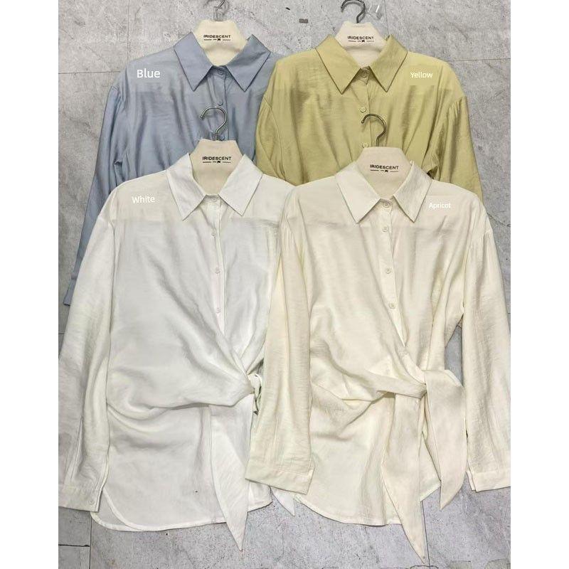 

Тринадцать рядов Весенний нишевый стиль Нарядная отделка талии Дизайн со шнуровкой Приталенная однотонная рубашка Женская верхняя одежда Базовая рубашка White All yards