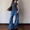 American retro Paris buckle bamboo pattern jeans boys new ins washed loose straight scimitar pants