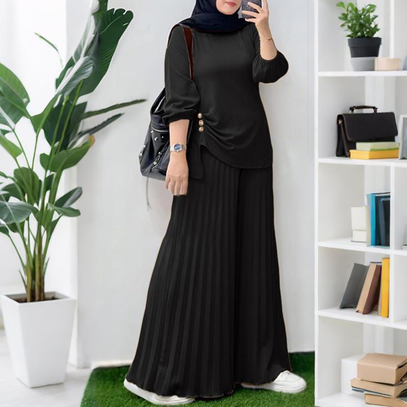 

ZANZEA Женская блузка с длинным рукавом и брюки с широкими штанинами Повседневные комплекты-двойки 3XL чёрный