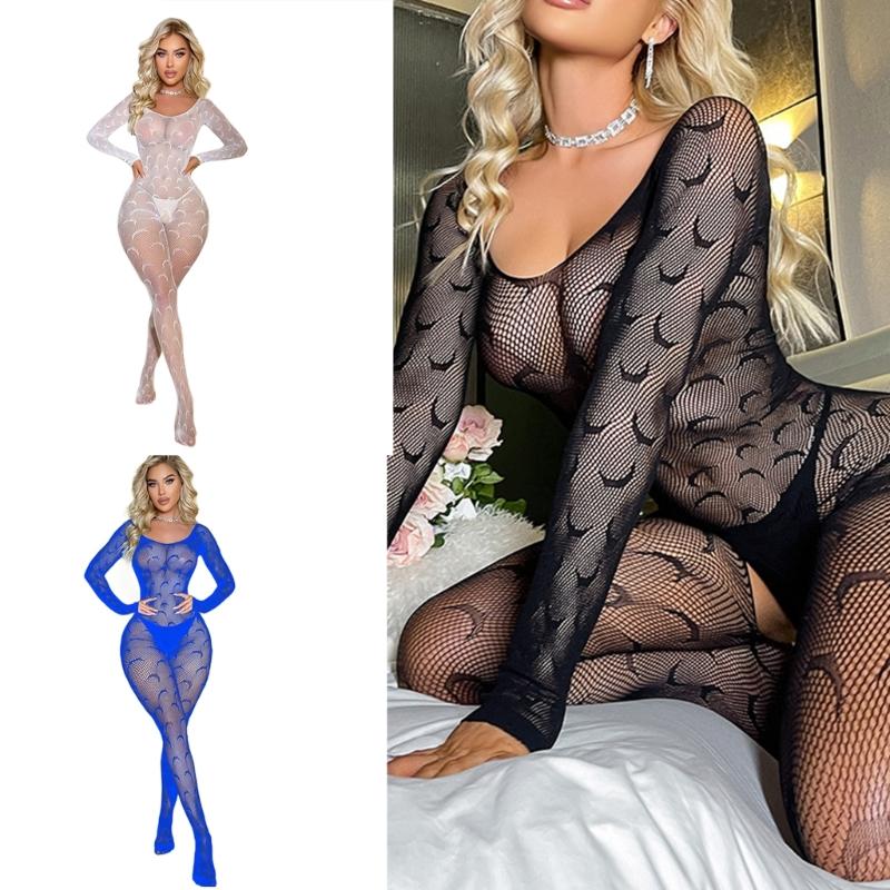 Women Fishnet Mesh Bodystocking Long Sleeve Bodysuit See Through Tights Nightwear Erotic Lingerie Crotchless Jumpsuit