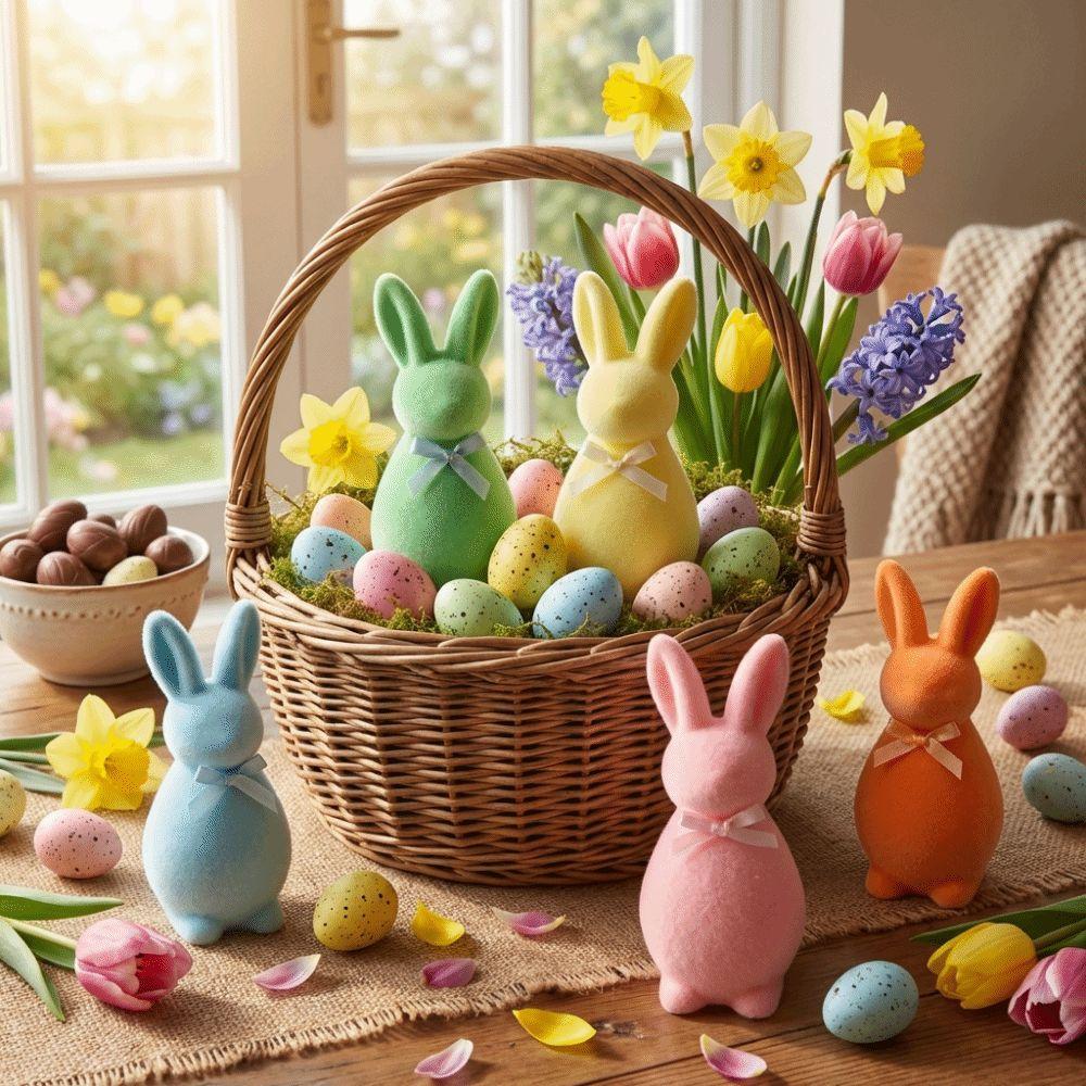 with Bow Easter Bunny Statue Plush Bunny Sculpture Flocked Rabbit Figures  Indoor Table