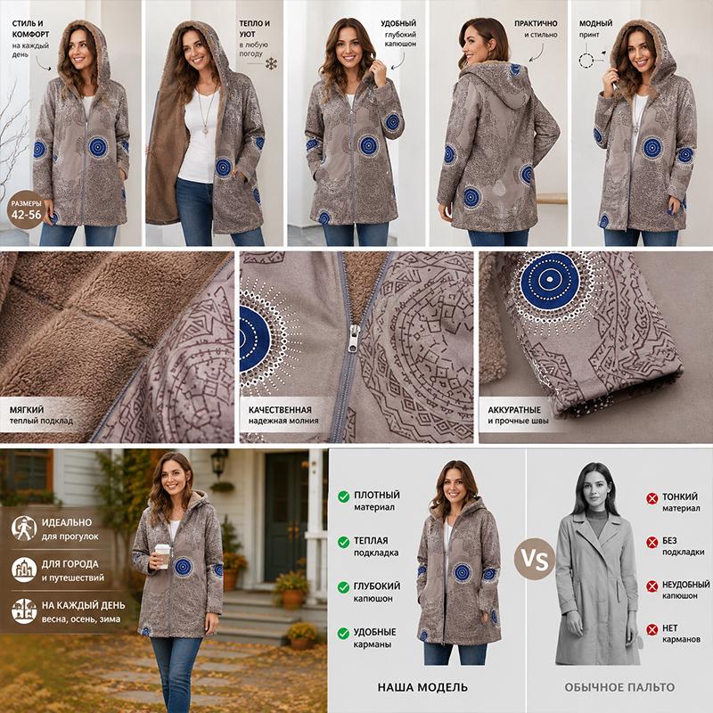 Women Warm Fleece‑Lined Bohemian Printed Hooded Coat, Ethnic Mandala Pattern Mid‑Length Zip‑Up Jacket, Practical Pocket Outerwear