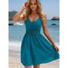 Summer new women's solid color jacquard striped suspender waist hollow lace sleeveless V-neck holiday dress