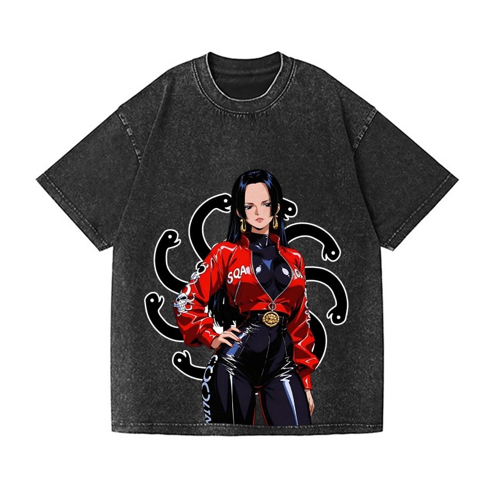 

One Piece Boa Hancock Vintage Wash Japanese Design T-Shirt High-quality Streetwear Men s Clothing Wash T Shirt S
