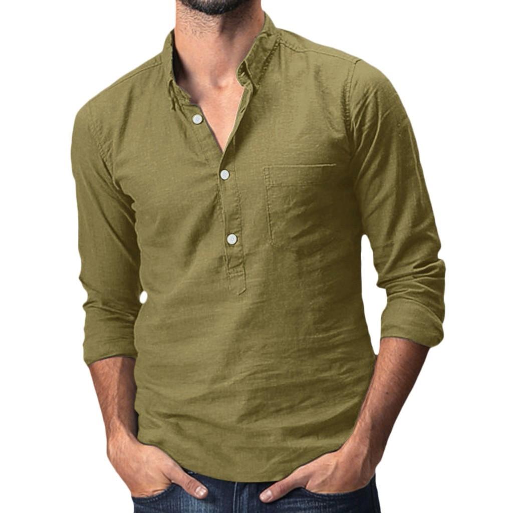 Men's Baggy Cotton Linen Solid Pocket Long Sleeve Turn-down Collar T-Shirts Tops