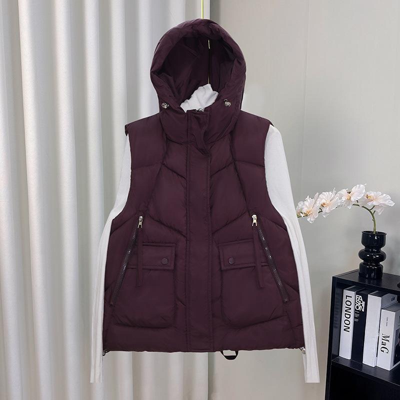 

Женский свободный короткий теплый пуховый жилет без рукавов с капюшономНовый осенне-зимний женский пуховый жилет 2XL вино красного
