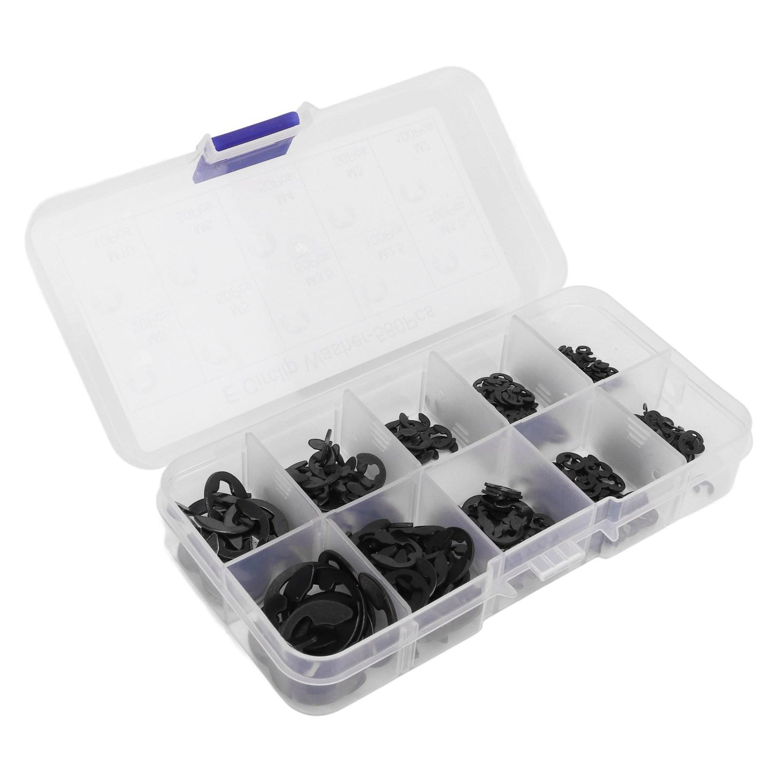

Набор стопорных шайб E из 580 шт. с ящиком для хранения, из нержавеющей стали, для надежной фиксации, стопорная шайба E-типа, черная чёрный