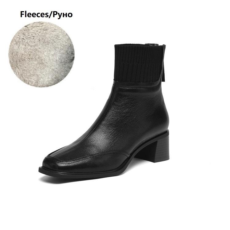 Fashion NEW Autumn Women Boots Square Toe Chunky Heel Shoes Genuine Leather Shoes for Women Knitted Fabric Modern Boots Soft Daily Shoes