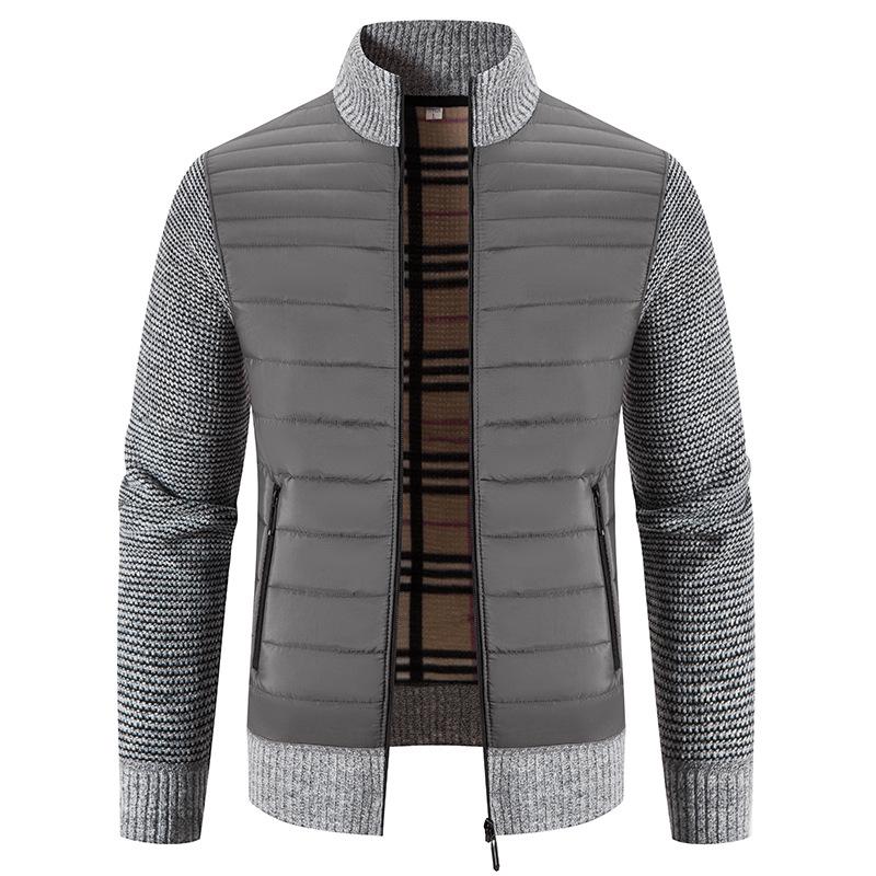 Men's Plus Size Color Block Stand Collar Velvet Cardigan Sweater - Warm, Thickened Knitted Outerwear for Autumn and Winter.