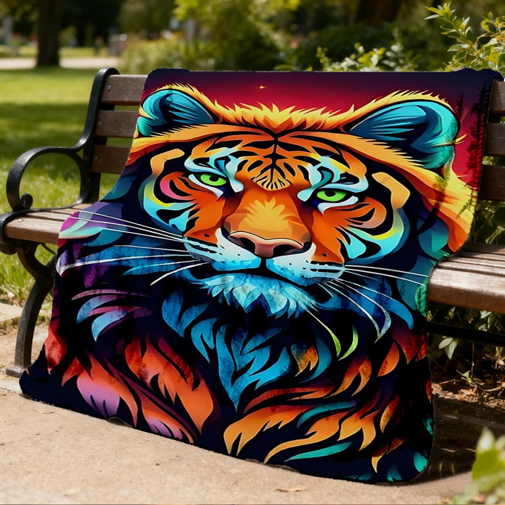 1pc Colorful Tiger Design Throw Blanket Polyester Fiber, Lightweight Flannel, Soft & Warm, All Season Use for Outdoor, Camping Digital Print