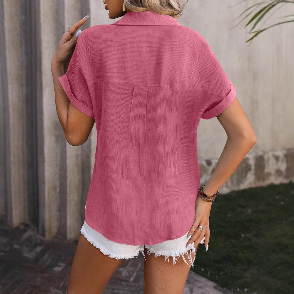 Summer Women's Casual Solid-color Wrinkled Fabric Button Short-sleeved Shirt