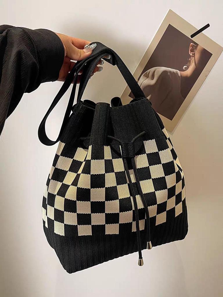 Korean Style Knit Shoulder Bag with Drawstring & Magnetic Snap - Versatile, Large Capacity Tote for Women