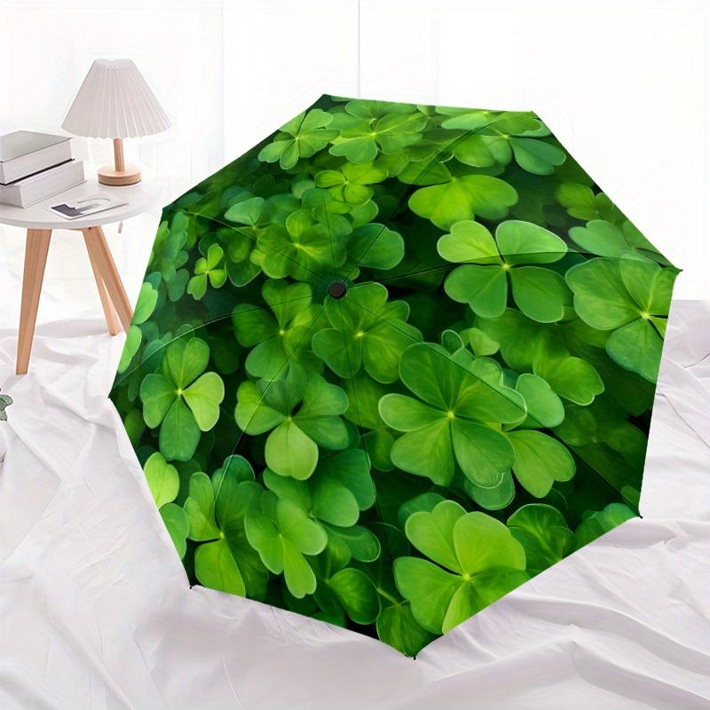Lucky Clover Automatic Umbrella - 8-Rib Portable Folding Parasol with Vibrant Green Clover Design, Durable Plastic & Iron Fram