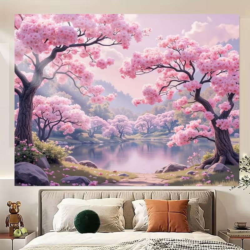 2D Romantic Sakura Garden Backdrop Cherry Blossom Lake Photo Background