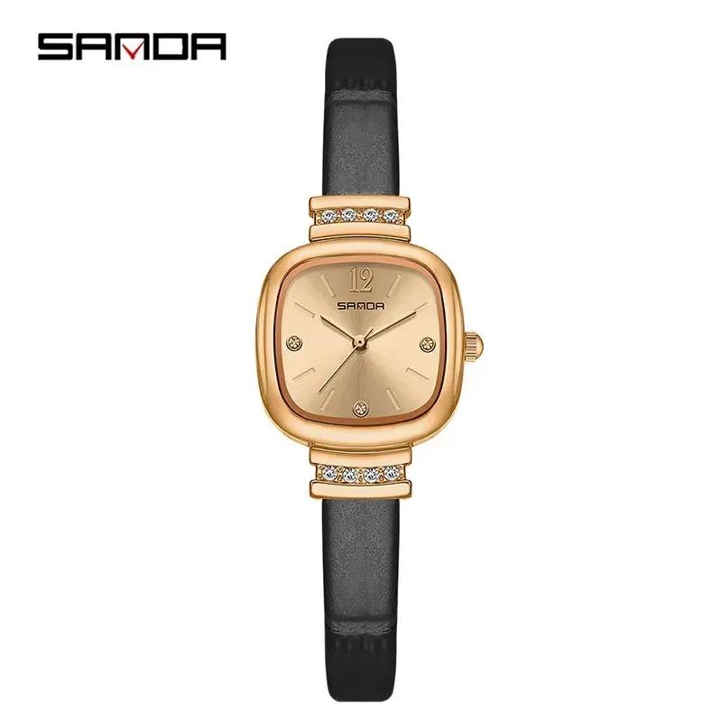Sanda 7052 Fashion Square Diamond Watches For Women High Quality Waterproof Leather Quartz Watch Luxury Elegant Ladies Watches