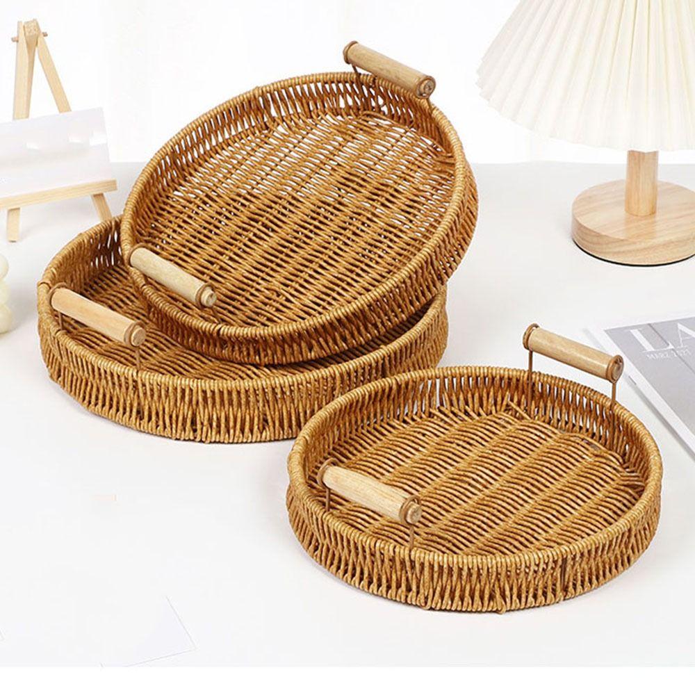 Handmade Round Rattan Storage Tray Plastic Bread Fruit Storage Tray Wicker Storage Baskets  Office