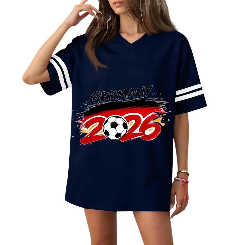 Women’s Casual V Neck Football Jersey Style Short Sleeve Top with Germany 2026 Soccer Flag Print Loose Fit Sports T Shirt