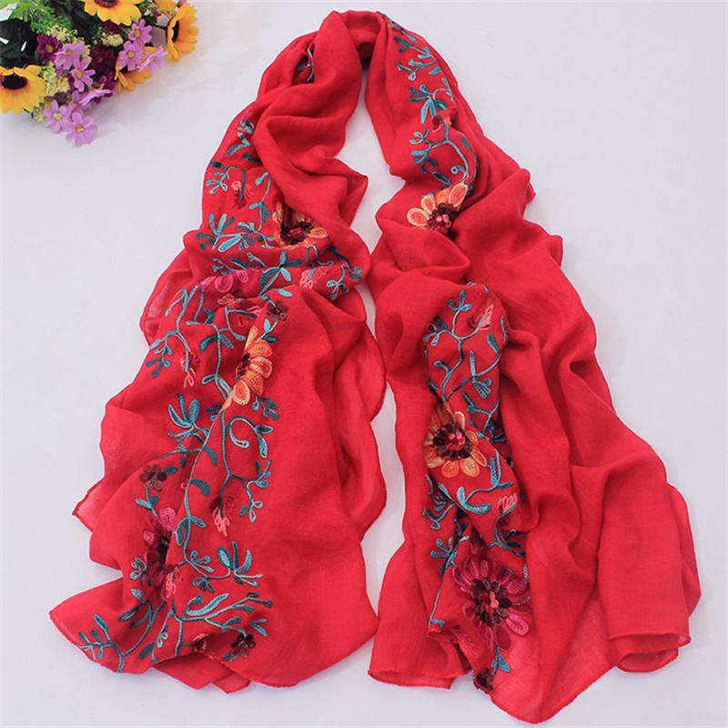 Women Cotton Viscose Shawl Plain Embroider Floral Turban Style Pashmina Wrap Thick Sun Protection Summer Soft Shawl 180*90Cm