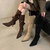 Over-the-knee Boots for Women Wear Big Tube Circumference 2025 Autumn and Winter New Suede Pointed Thin Heel High Heel Pleated Piled Boots