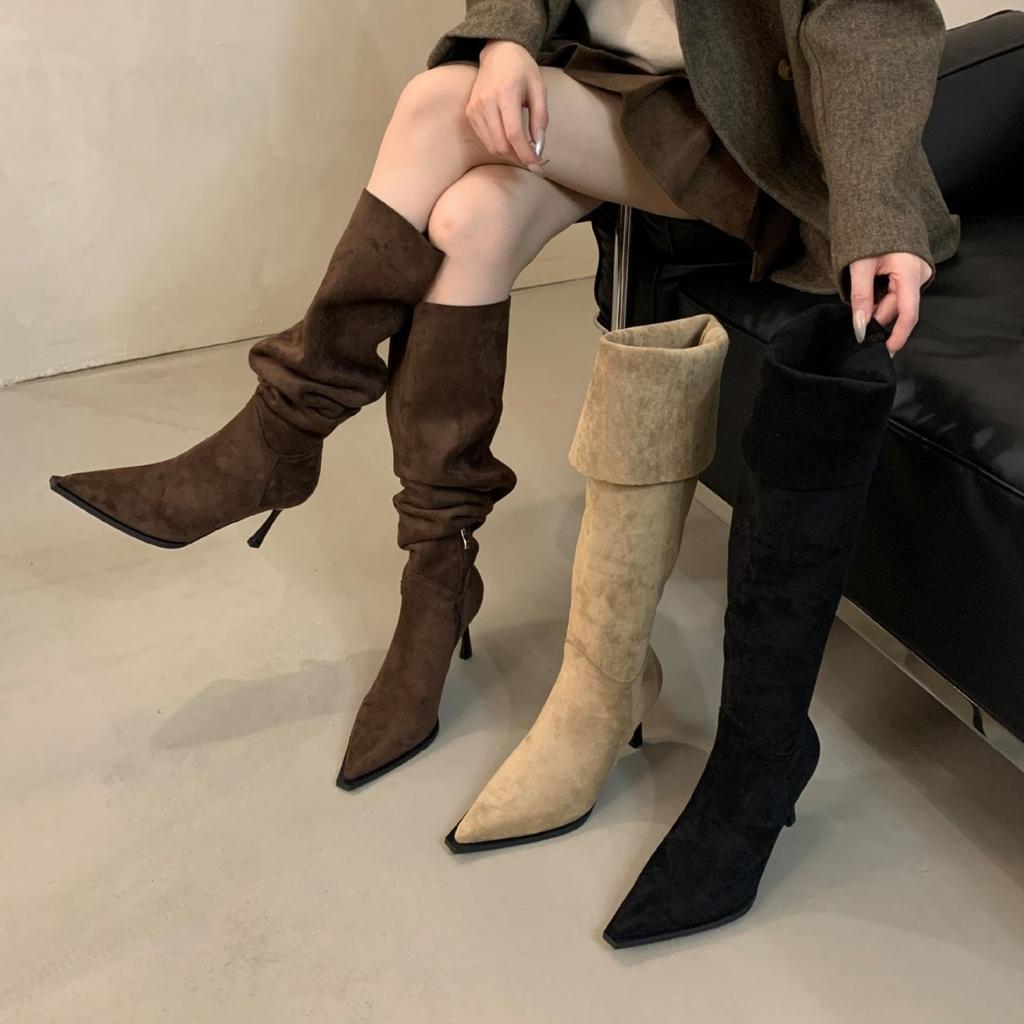 Over-the-knee Boots for Women Wear Big Tube Circumference 2025 Autumn and Winter New Suede Pointed Thin Heel High Heel Pleated Piled Boots