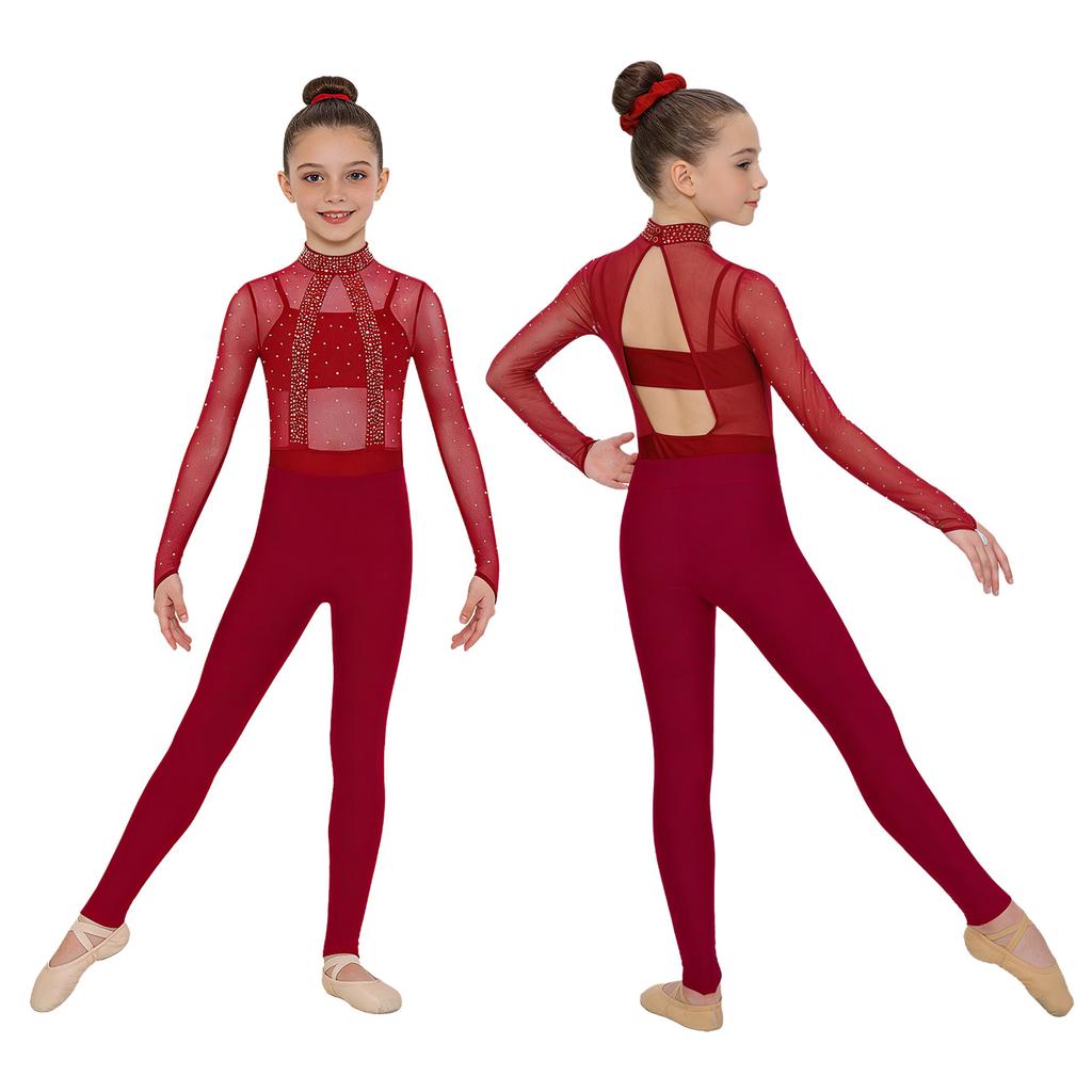 Kids Girls Performance Leotard with Sparkly Rhinestones & Mesh Bodice: Mock Neck Long Sleeve Cutout Back, Plus Matching Camisole, Leggings & Hairband