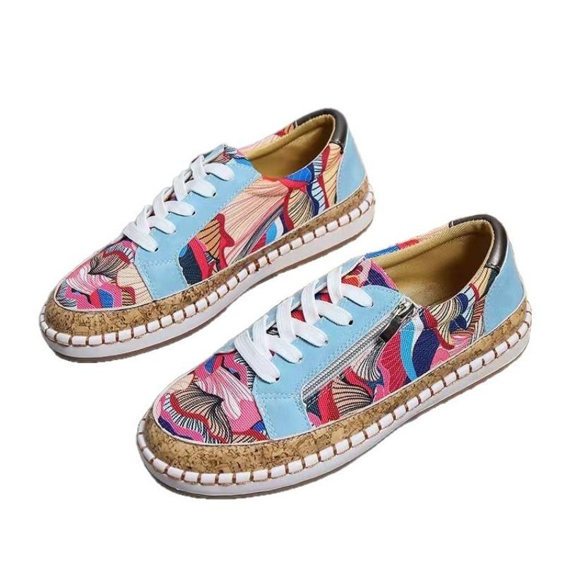Plus-size Color-blocking Printed Lace-up Flat Single Shoes Women's 2025 New Pump-mouth Casual Board Shoes