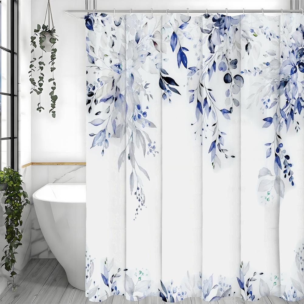 Eucalyptus Leaf Blue Shower Curtain, Bathroom Decorative Shower Curtain, Waterproof Shower Curtain with Hooks